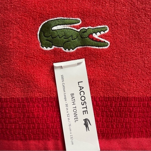 LACOSTE Bath Towel Red 100% Cotton 30”X 52” Large Crocodile NWT - Picture 6 of 8